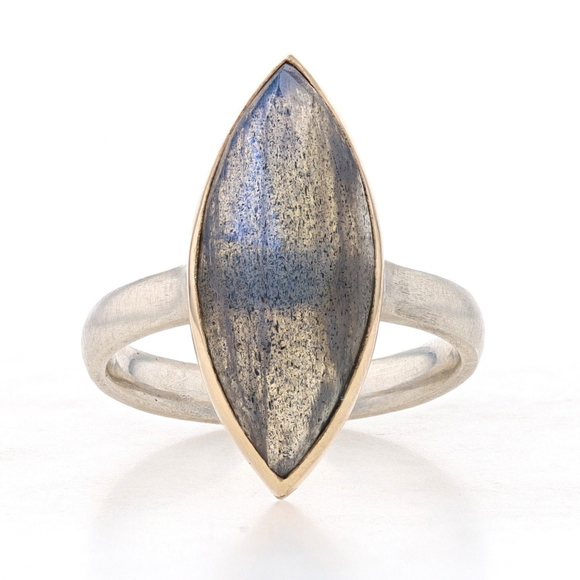 Sterling & Yellow Gold Labradorite Cocktail Solitaire Ring 925 18k Rose Marquise